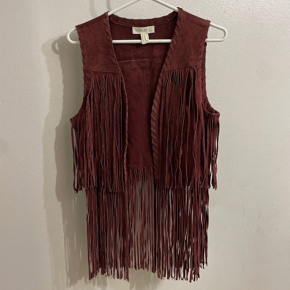 Forever 21 Burgundy Leather Long Fringe Vest